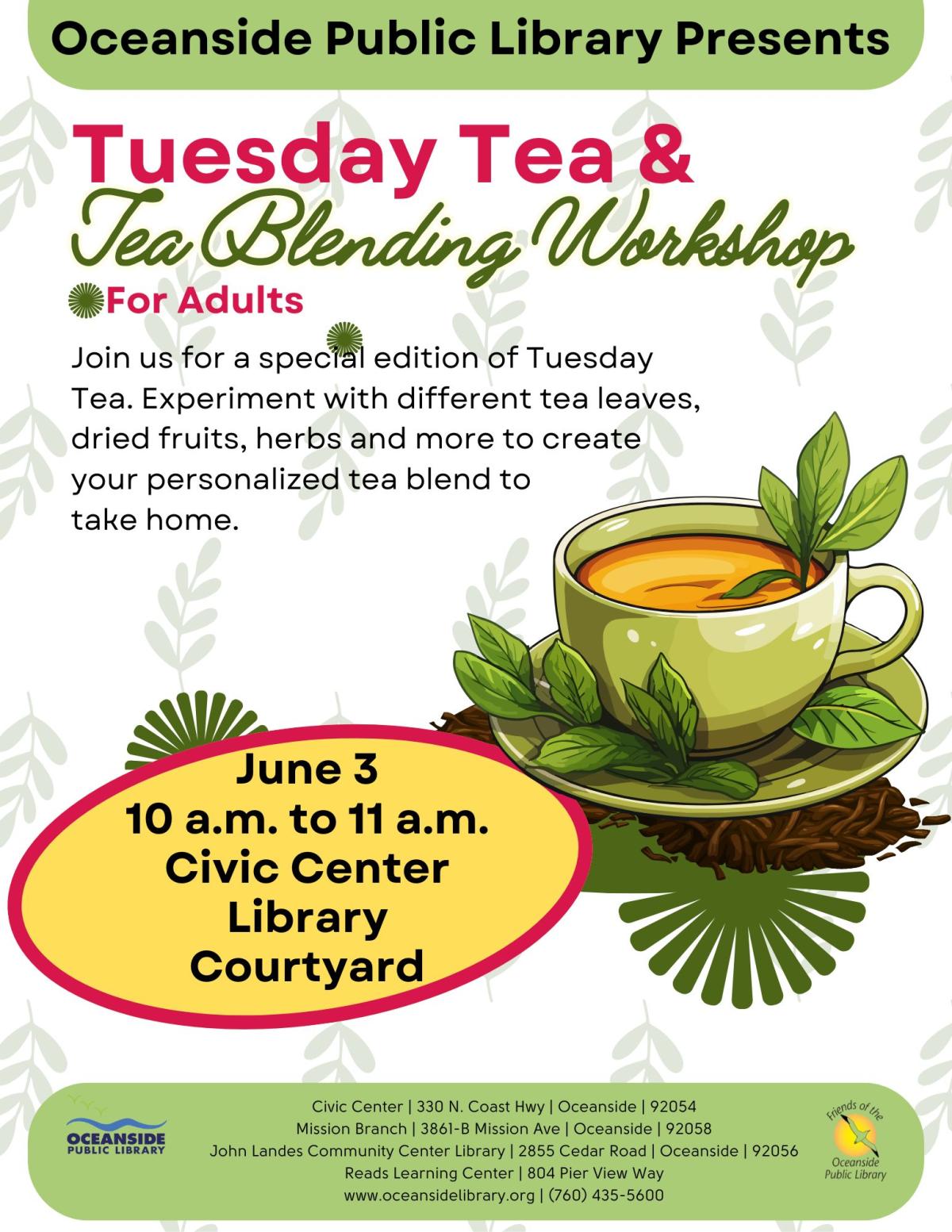 Flyer of workshop for creating tea blends. Tea cup sitting on saucer and pile of leaves.