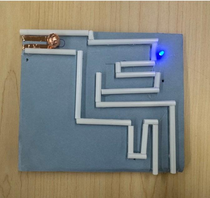 battery, led blue light, straws make maze