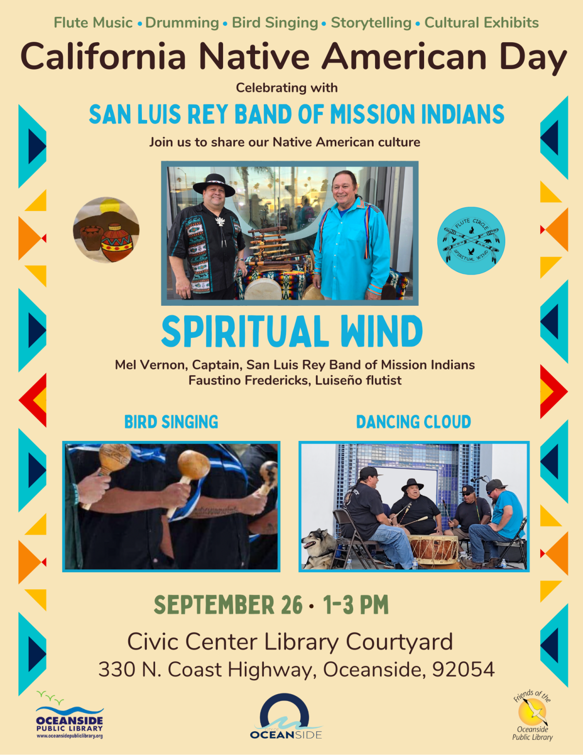 Flyer with photos of drum circle, and musical rtists.