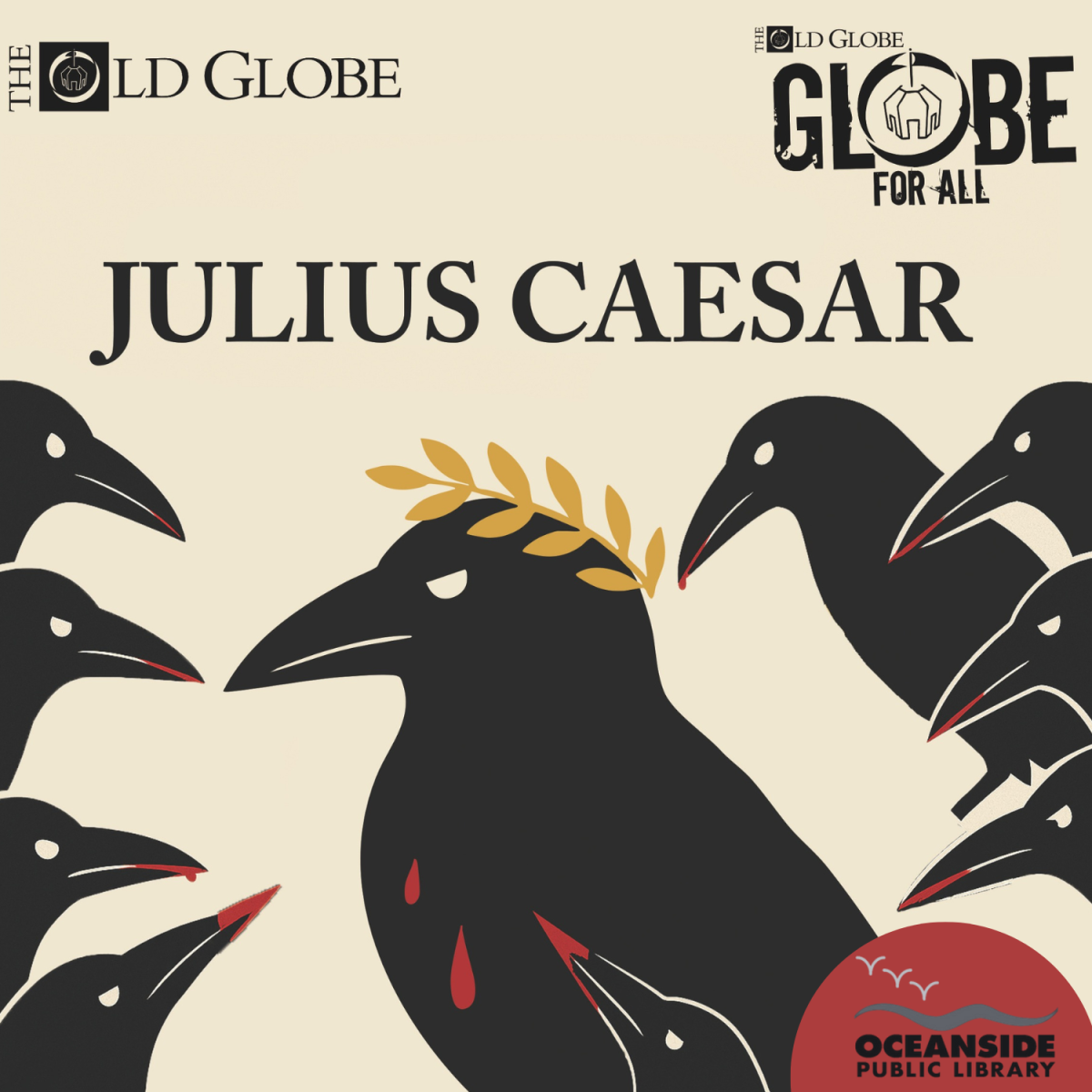 Nine black crows surrounding one black crow with a crown. 