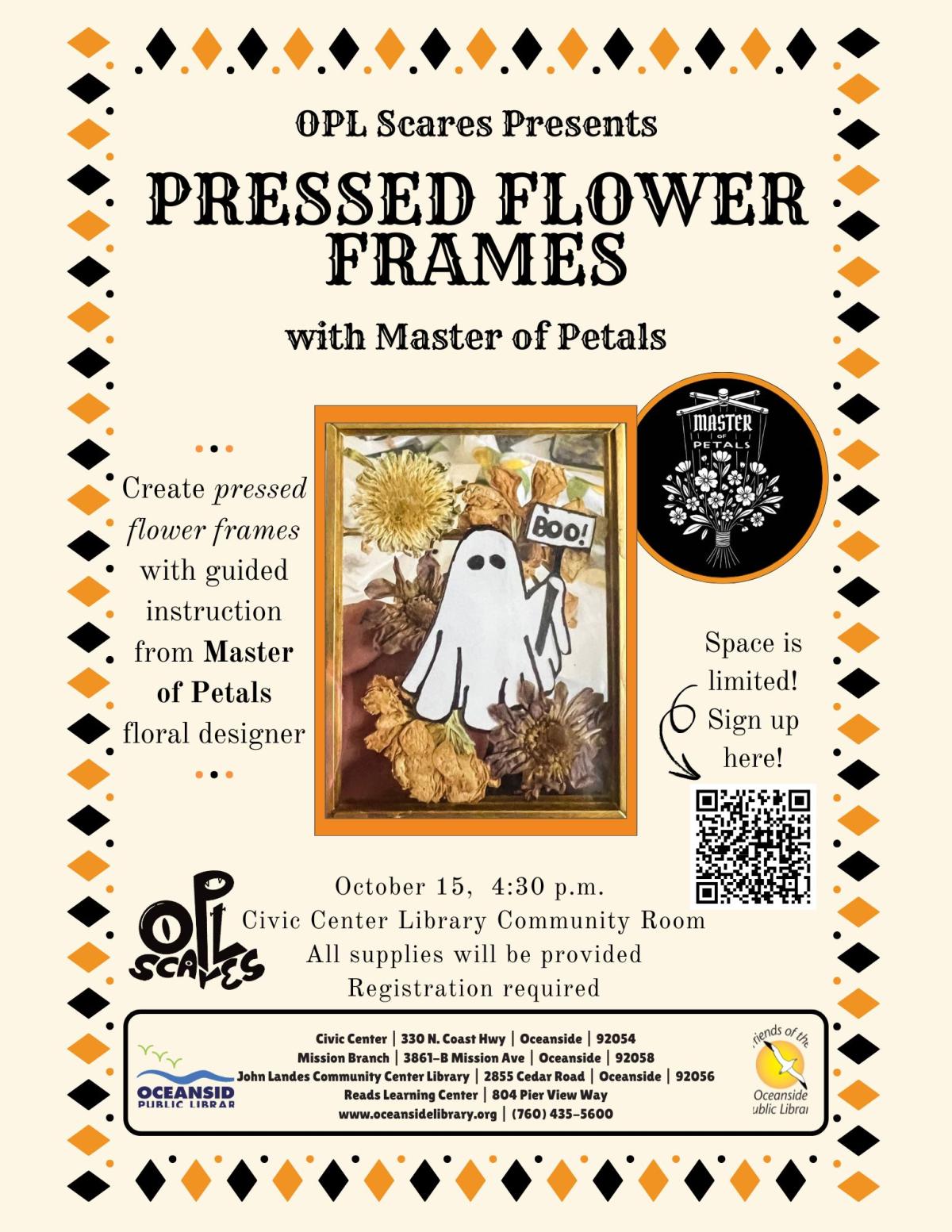 Flyer for pressed flower frames with image of example frame pressed with flowers and ghost image