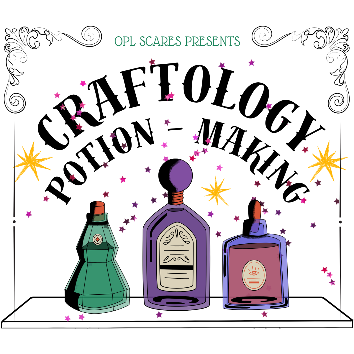 a purple, green, and pink bottle of perfume on a white background titled Craftology Potion Making