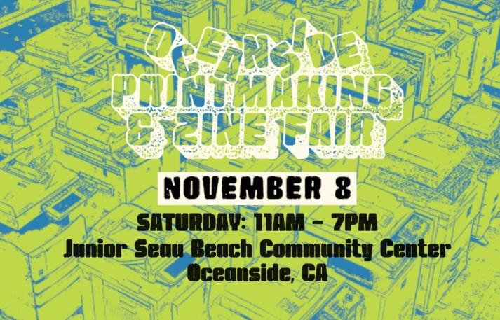 oceanside zine fair flyer with text over lime green copier machine images