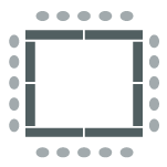 Tables arranged in square or rectangular formation with chairs on the outside. 